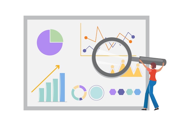 Woman holding a magnifying glass and looking at financial reports For audit finance business