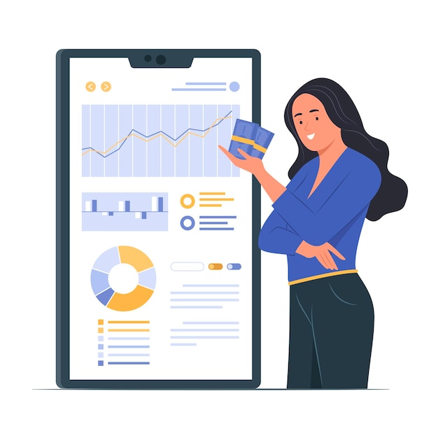 Woman Holding Cash Money and Smartphone with Online Investing Report Concept Illustration