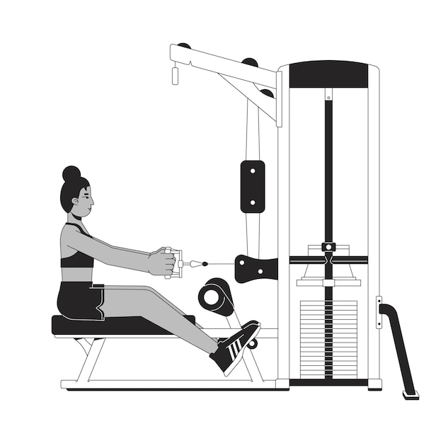 Woman in starting position on seated row machine flat line black white vector character Editable outline full body person Upper arm muscles simple cartoon isolated spot illustration for web design