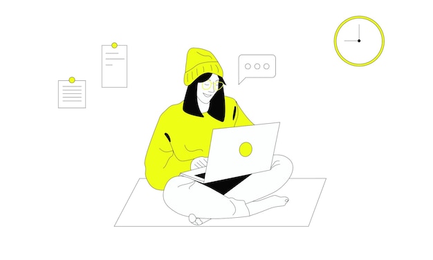 Woman in yellow sits at laptop online working learning training