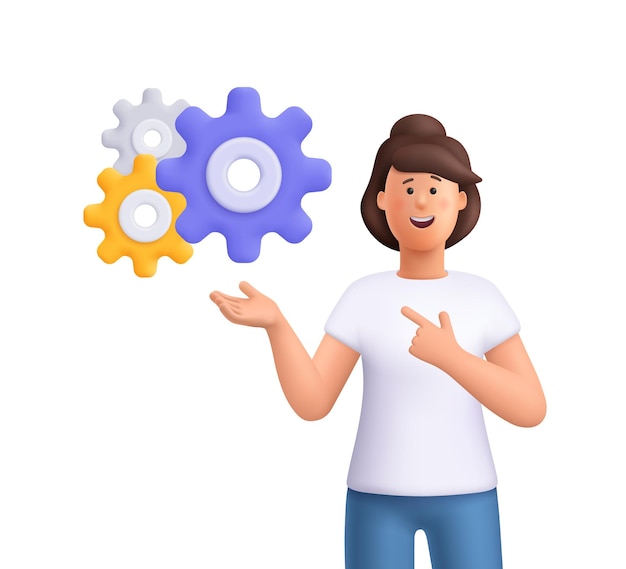 woman jane pointing to configuration setting gears or cogwheels 3d vector people character