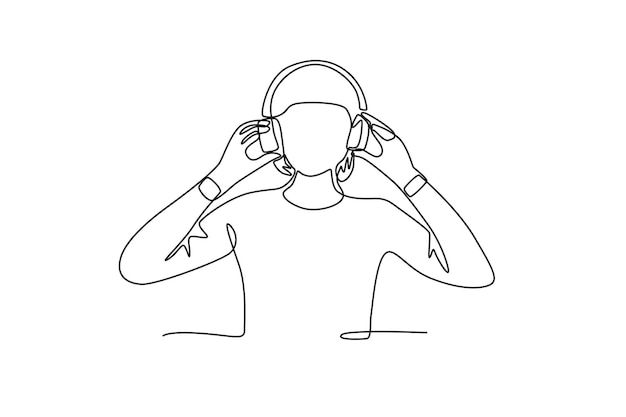 woman listening to music from headphones world music day oneline drawing