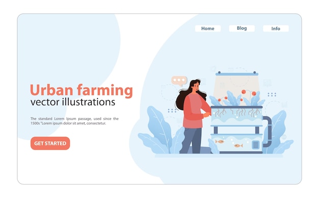 Woman monitoring a multitiered hydroponic system cultivating fresh produce above and fish below