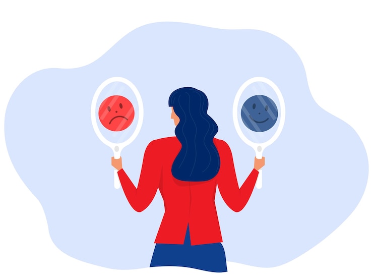 Vektor woman positive and negative emotionsgood and bad moodopposites psychological