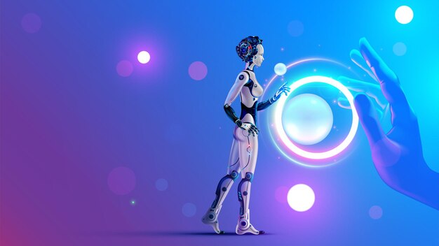 Woman robot cyborg with AI analysis big data AI or artificial intelligence learning concept AI technology Computer neural network training in image of female robot Machine Deep learning AI Robot