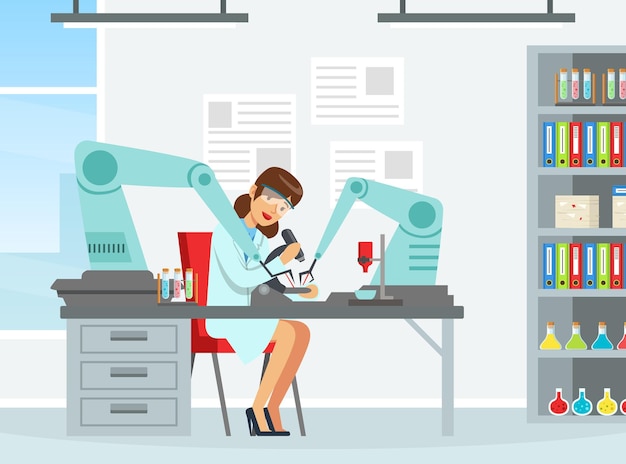 Woman Scientist Conducting Experiment with Artificial Intelligence Assistance Vector Illustration