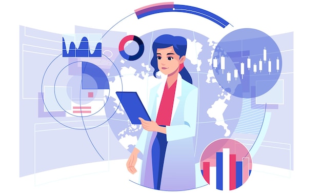 Woman scientist controlling futuristic hologram interface vector concept illustration