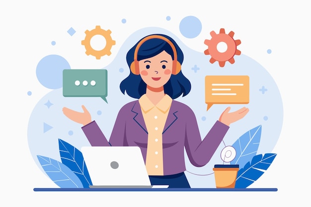 woman sitting in front of laptop explaining customer service process the woman is explaining how customer service works and management simple and minimalist flat vector illustration