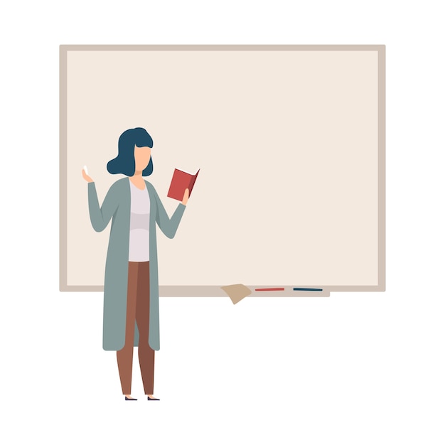 Woman stands near the blackboard and gives a lecture vector illustration