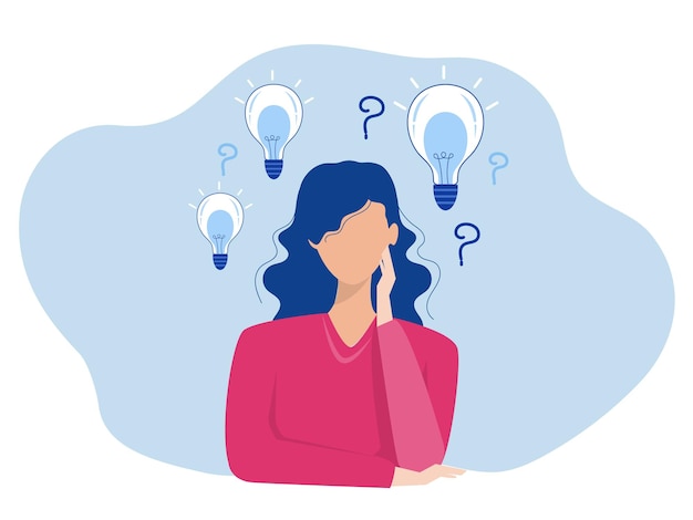 woman thinking with question mark and light bulb doubts