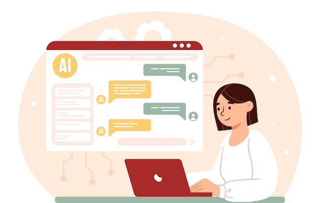 woman with chat bot concept yopung girl with laptop in social networks dialog with artificial