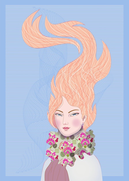 woman with fiery red hair, vector fashion illustration