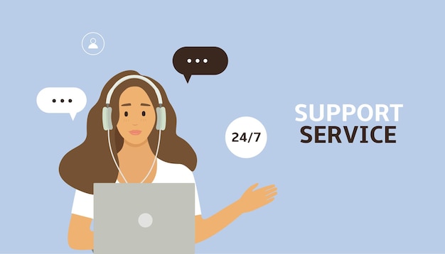 Woman with headphones and microphone with laptop. Customer service, hotline operators consult custom