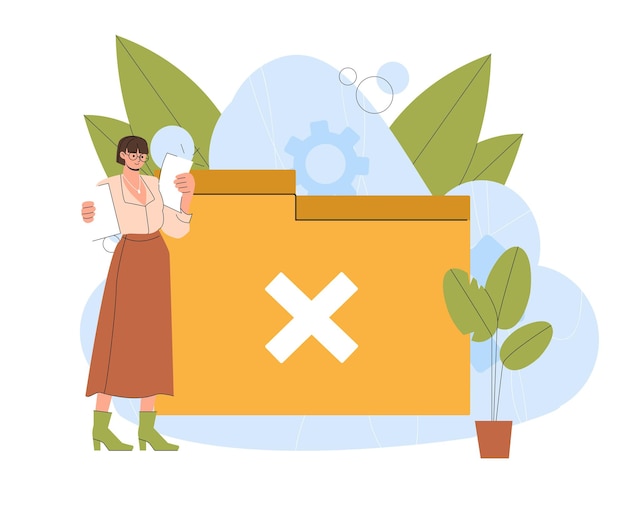 Woman with missing file Young girl near empty folder Electronic storage and archive Broken database with errors in code Flat vector illustration
