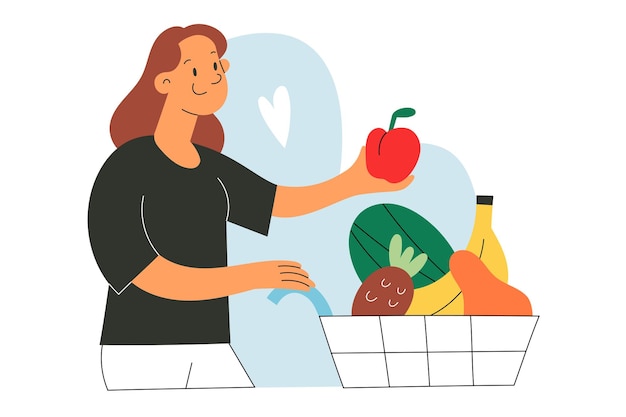 woman with shopping cart with tropical fruit banana watermelon pineapple grocery basket vector