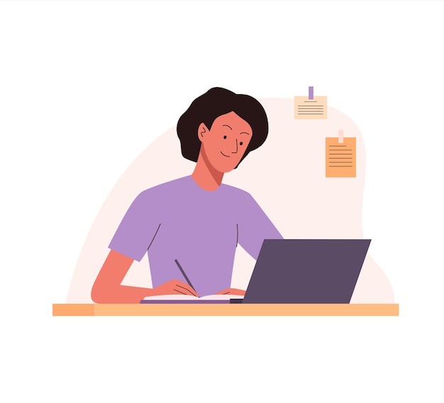 Woman working at the table with laptop and writing notice Home workplace for education remote work teleworking Business people illustration in flat design