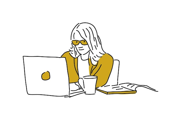 woman working on office with laptop hand drawn minimalist illustration 