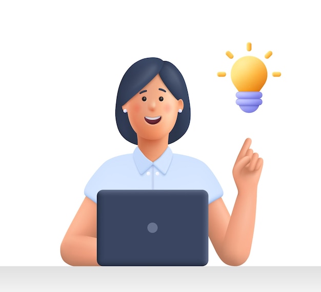 woman working on the laptop computer and pointing up to bulb 3d vector people character illustration