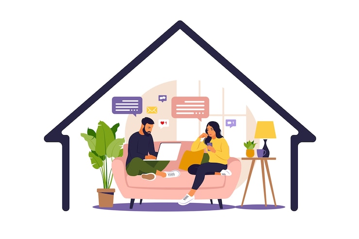 Vektor women and man sitting in a sofa and working online at home. social distancing and self-isolation during corona virus quarantine.  flat style.