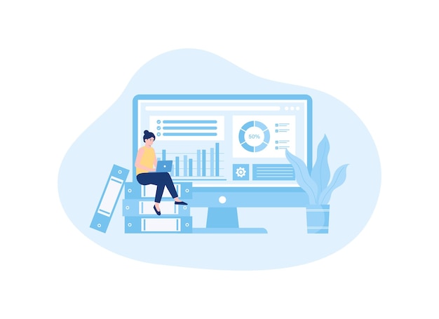 Women are studying to improve company growth data trending concept flat illustration