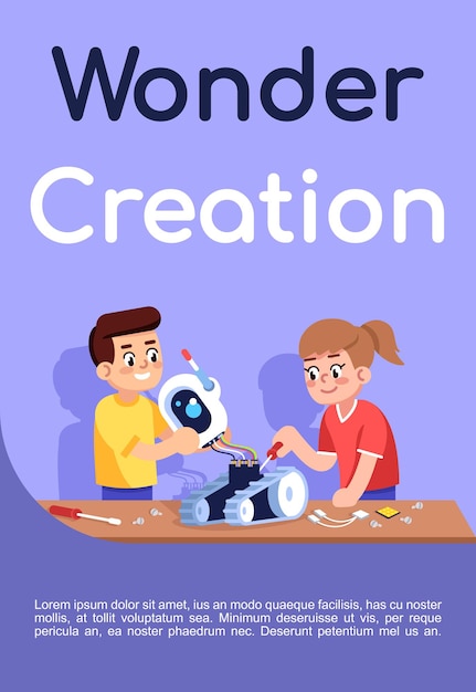 wonder creation poster vector template. robotics courses. brochure, cover, booklet page concept design with flat illustrations. after school club. advertising flyer, leaflet, banner layout idea