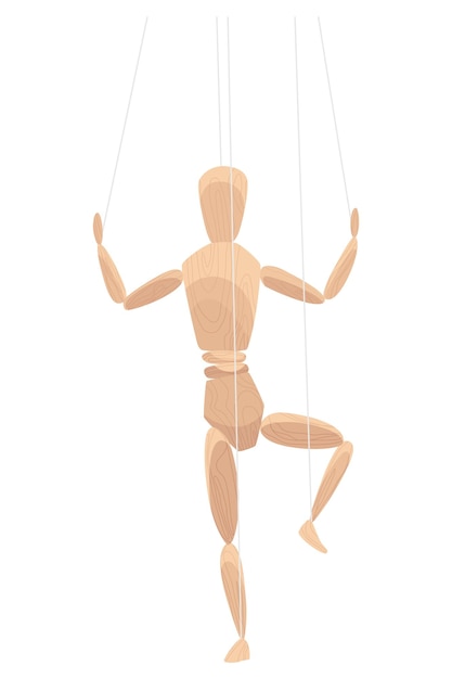 wooden marionette with joints wood human anatomy statue doll or handmade puppet theater toy men figure dummy or mannequin at control rope vector illustration
