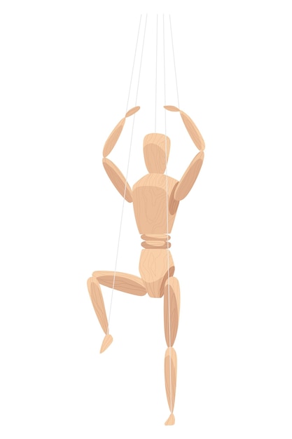 wooden marionette with joints wood human anatomy statue doll or handmade puppet theater toy men figure dummy or mannequin at control rope vector illustration