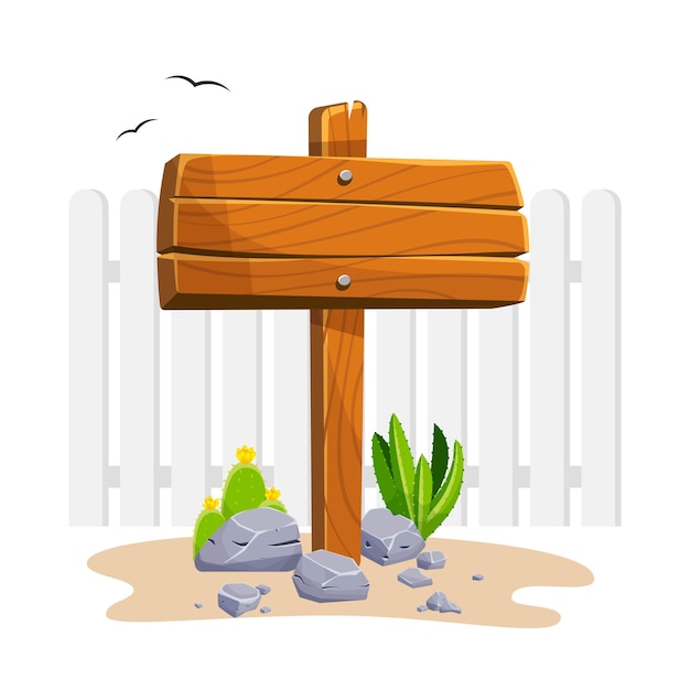 wooden signpost with stones and cacti with empty space for text set of a cartoon of wooden signs of various forms standing on the rocks in a desertv vector illustration