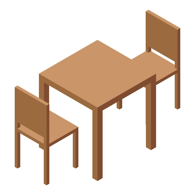 Wooden table and two chairs standing on white background