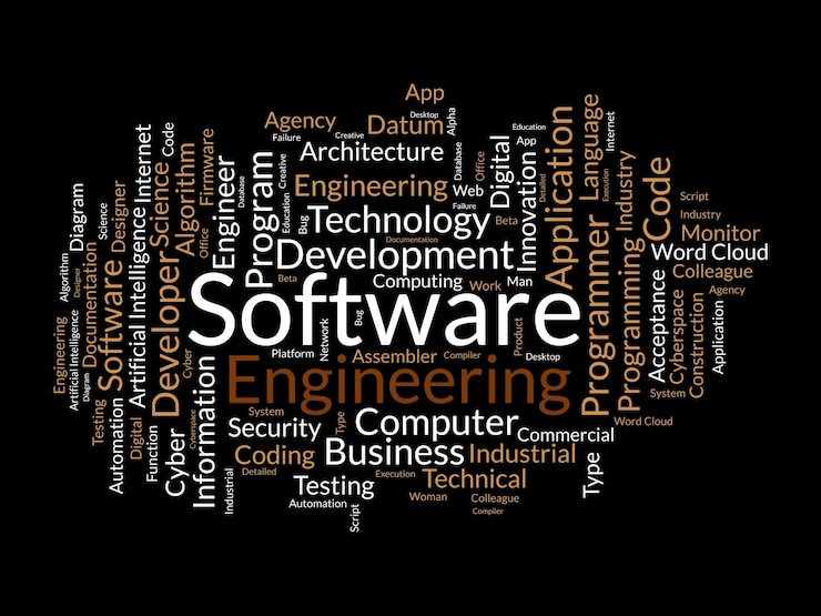 Vektor word cloud background concept for software engineering computer programming system cloud technology development of application management vector illustration