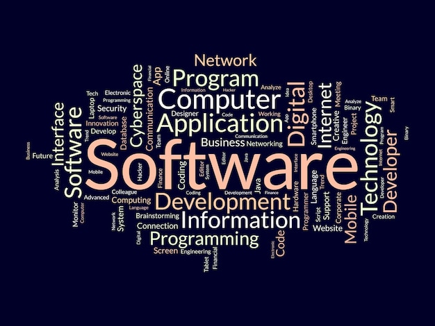Word cloud bakgrundskoncept för programvara Datorprogrammering utveckling av molnnätverksteknik vektorillustration