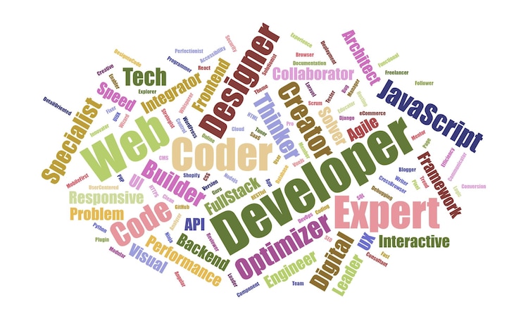 Vektor word cloud of web developer skills and technologies editable text