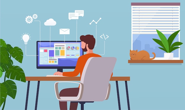 Work at home. Freelancer man working on computer remotely, internet career. Home office concept.