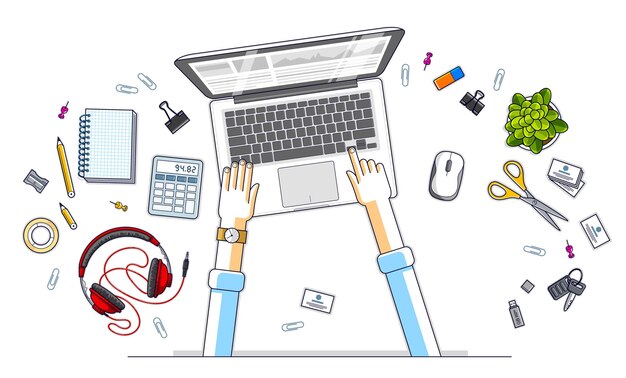 work desk workspace top view with hands of office worker or entrepreneur, pc notebook and a lot of different stationery objects on table. all elements are easy to use separately. vector.