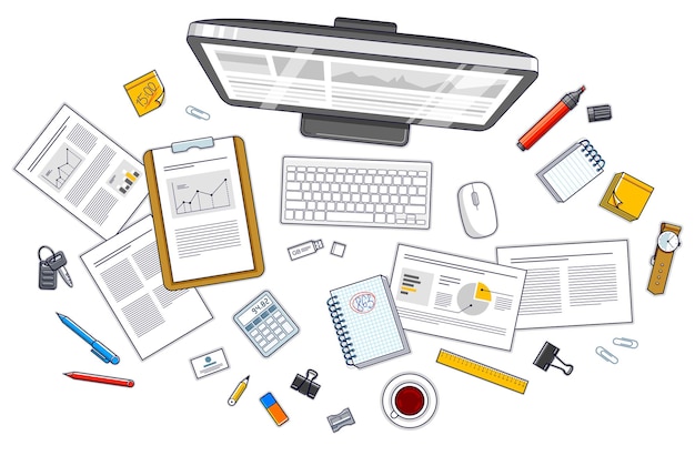 Work desk workspace top view with PC computer and analytics papers with graphs and data and stationery objects on table. All elements are easy to use separately or recompose illustration. Vector.
