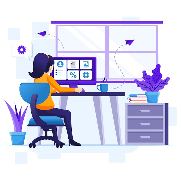 Work from home concept, A woman work on computer, stay at home on quarantine during the Coronavirus Epidemic illustration