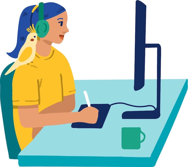 work from home pets woman and bird