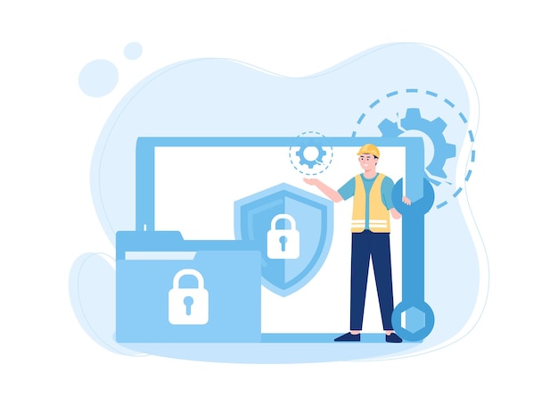 worker is repairing locked files on device trending concept flat illustration