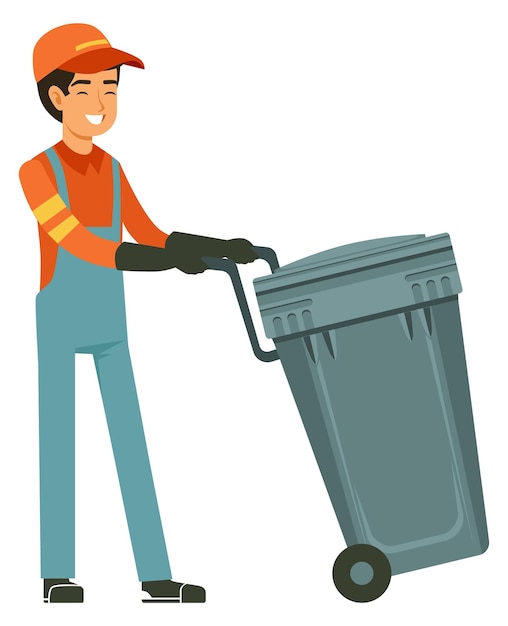 Worker pushing trash can Garbage cleaning service