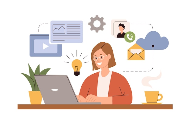 Working at home vector flat style illustration Online career Home office illustration Young woman