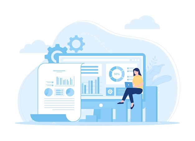 Working with computer screen trending flat illustration