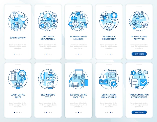 workplace of mentorship onboarding mobile app page screen with concepts set. learning team members walkthrough ten steps  ui  template with rgb color illustrations