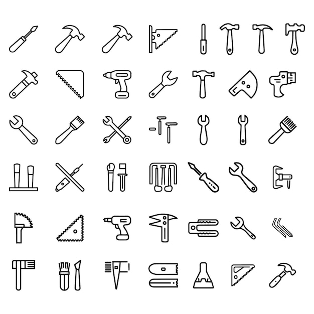 workshop various tools icon set art black and white logo with vintage