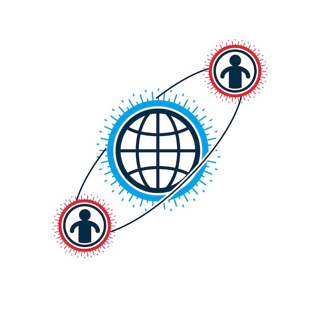world and person creative logo, unique vector symbol created with different icons. system and social matrix sign. person and humankind interacts with each other. system and social matrix sign.