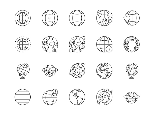World globe Earth icons Global map or internet Web symbol Country destination sign Geographic or business travel Journey by airplane Outline pictograms set Vector line strokes