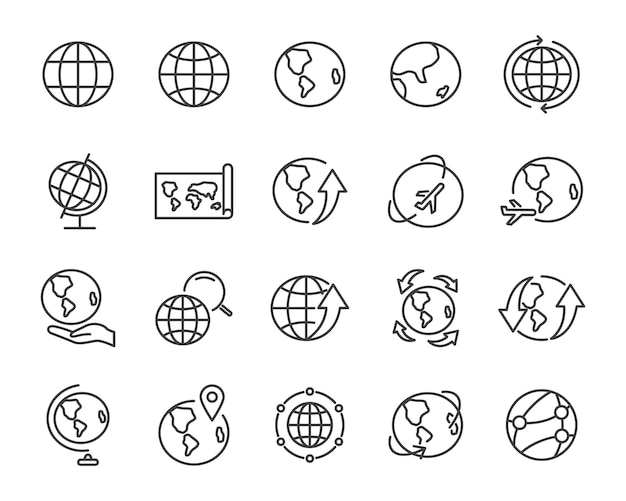 World map line icon set