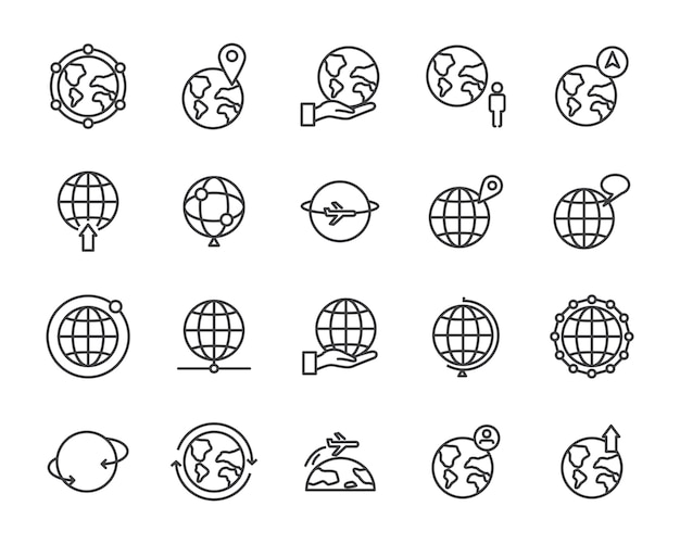 World map line icon set