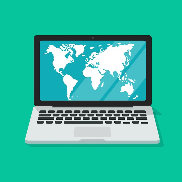 World map on computer screen illustration isolated flat cartoon