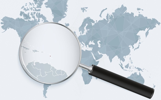 world map with a magnifying glass pointing at dominica map of dominica with the flag in the loop