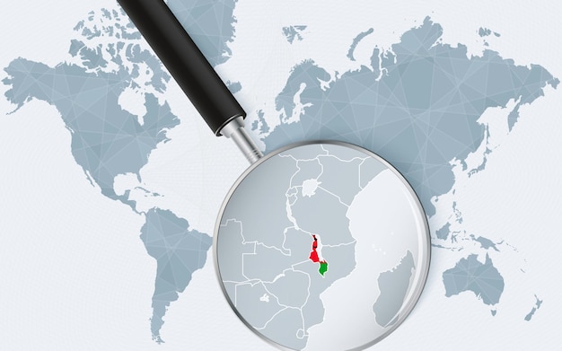 World map with a magnifying glass pointing at Malawi Map of Malawi with the flag in the loop